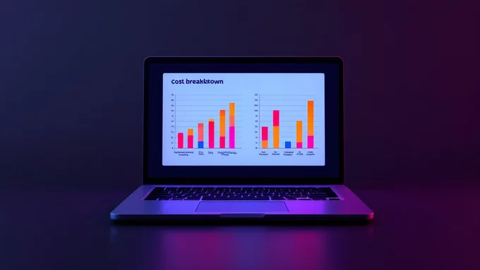 cost breakdown spreadsheet displayed on a laptop screen with colored charts showing development vs operations spending across quarters