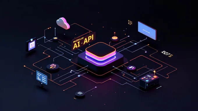 architecture diagram showing modular AI agent connected to legacy and modern services via REST APIs and message queues on a dark background