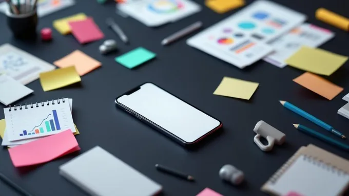 mobile app wireframes and prototypes spread across a design table with sticky notes and sketches