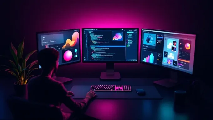 developer working on multiple screens showing code editor, app simulator, and design tools in a modern office setting