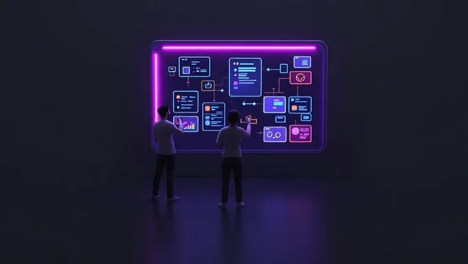 development team collaborating around a whiteboard with app wireframes and user flow diagrams