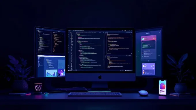 a developer's workspace showing multiple screens with code editors displaying React components, database schemas, and mobile app interfaces
