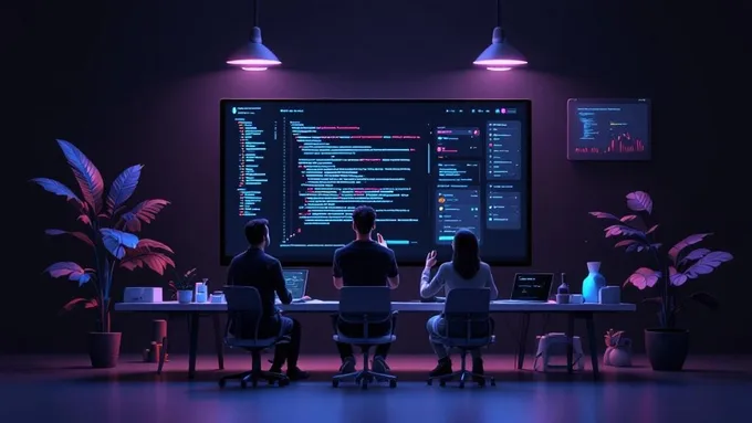 a collaborative workspace with developers discussing code on a large monitor while reviewing mobile app mockups and technical documentation