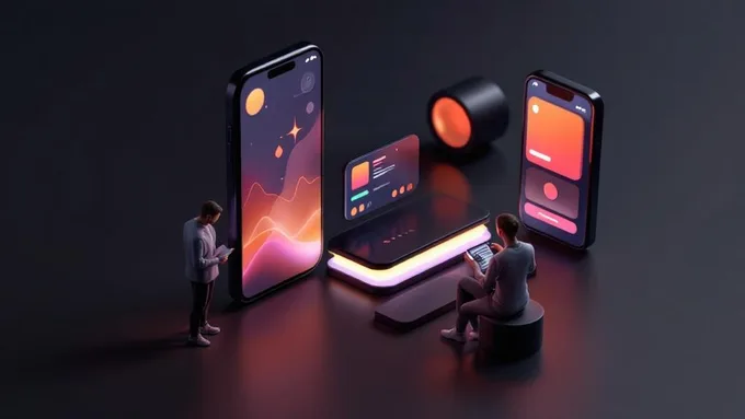 a mobile app interface being tested on multiple devices showing responsive design and accessibility features with a developer taking notes