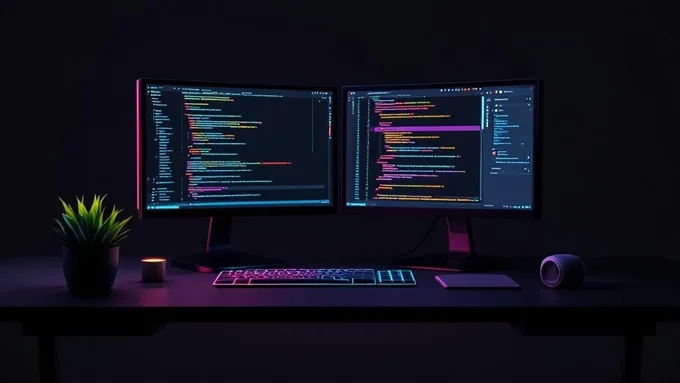 a developer's desk setup with dual monitors showing React Native code on one screen and mobile app interface on the other