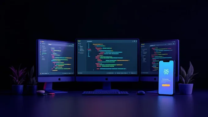 developer workspace with multiple monitors showing React code and mobile app preview
