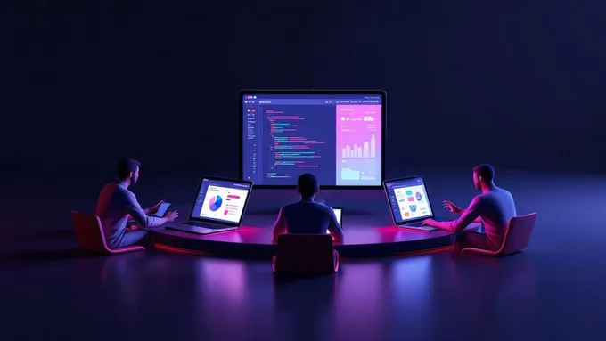 professional development team meeting with laptops showing code reviews and project management dashboards