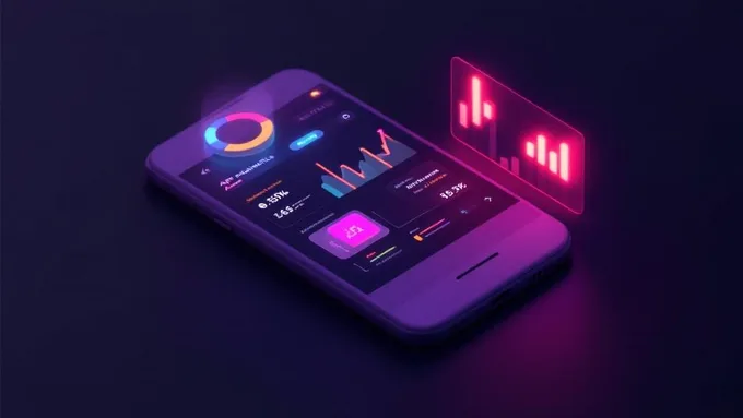 smartphone displaying app analytics dashboard with performance metrics and user engagement charts