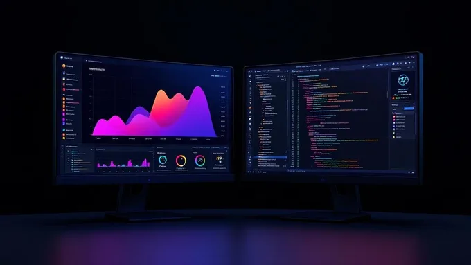 a developer's dual monitor setup showing performance metrics dashboard on one screen and React Native code editor on another with optimization tools running
