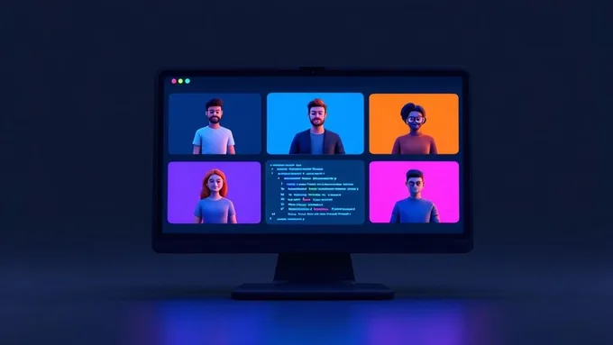 a video call screen showing multiple team members collaborating on a development project with shared code editor