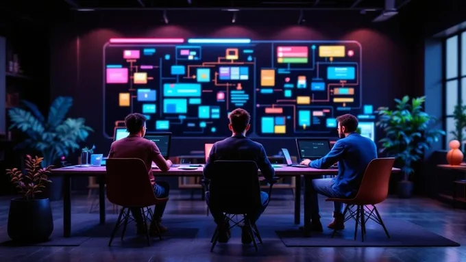 a diverse team of developers working together on laptops in a modern coworking space with whiteboards showing system architecture