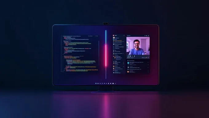 split screen showing code review discussion on one side and team video call on the other