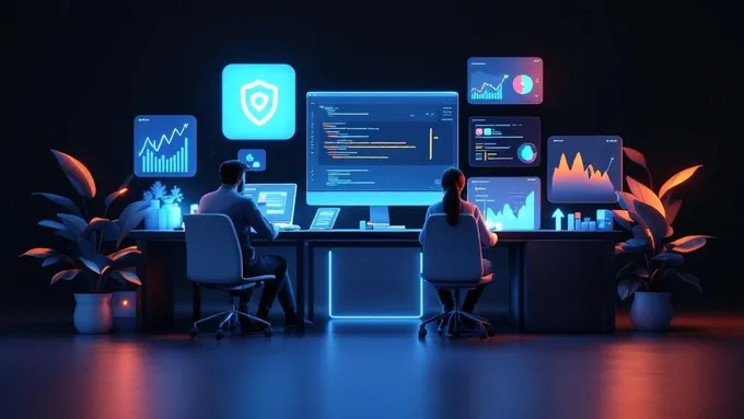 fintech development team working on multiple screens showing code, mobile app mockups, and financial dashboard analytics