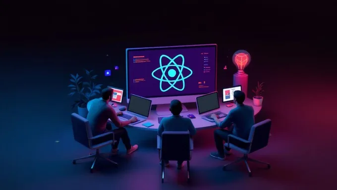 team of developers collaborating around computer screens with React applications