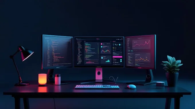 a developer's desk showing multiple monitors with React DevTools, component hierarchy, and performance profiling tools open