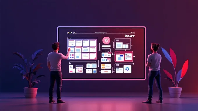 a team collaboration session with developers pointing at a large monitor showing React component wireframes and user flow diagrams