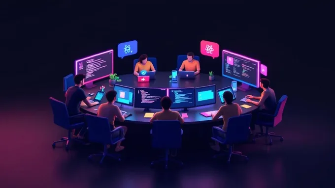 diverse team of developers collaborating around multiple monitors showing React Native code and mobile app interfaces