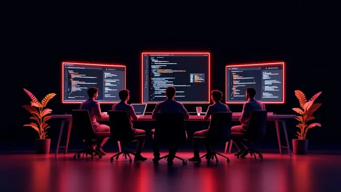 software development team conducting code review session with multiple monitors showing mobile app interfaces and code repositories