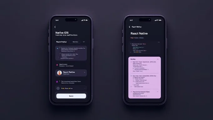 split screen comparison showing native iOS app interface next to React Native cross platform app with code snippets
