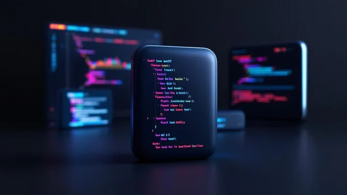 code editor showing Swift and Kotlin syntax highlighting with debugging tools and device simulators in the background