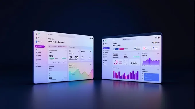 side-by-side comparison of App Store Connect dashboard and Google Play Console showing native app submission process with review status and performance metrics