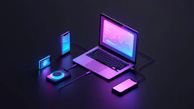 a testing setup showing multiple mobile devices connected to a laptop displaying test results and code coverage metrics