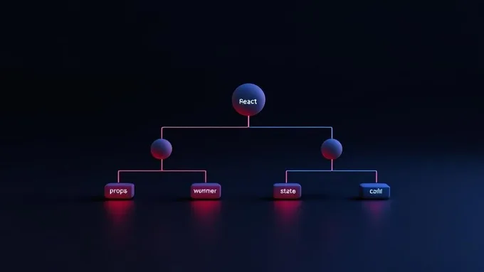 React component tree diagram showing data flow between parent and child components with props and state management