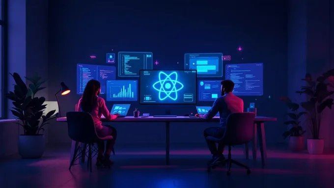 diverse development team collaborating on React components displayed on multiple screens in a modern office setting