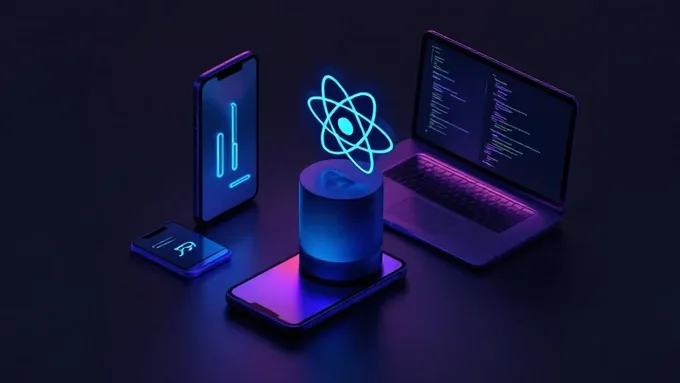 multiple devices showing the same React Native app running on iPhone Android tablet desktop and web browser with shared codebase visualization
