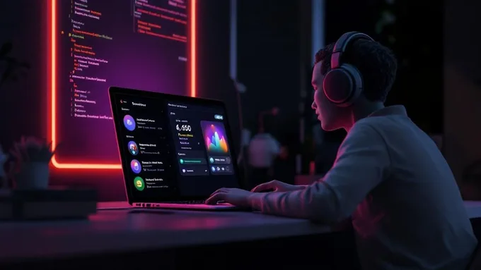 developer using VoiceOver on a MacBook to test a mobile app interface while wearing headphones in a modern office setting