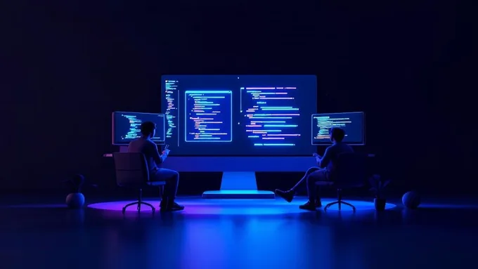 team of developers collaborating around monitors displaying code and app prototypes