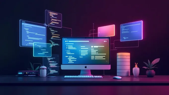 a developer working on multiple screens showing React components, database schemas, and deployment pipelines